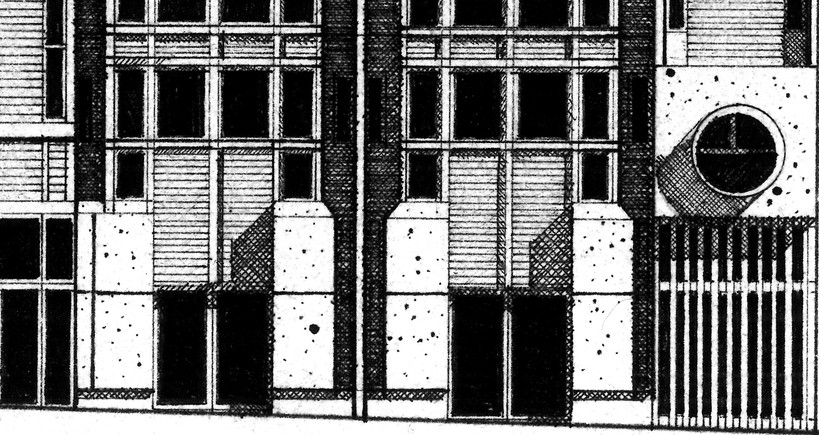 Illustration des ateliers d'artistes, rue des Pyrénées à Paris, façade dessinée au rotring et à  l'encre de Chine