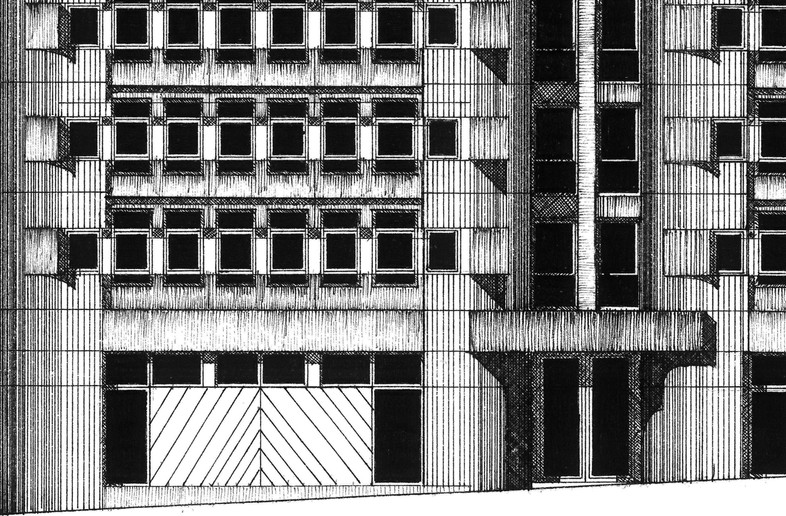 Illustration des bureaux de la rue Mouzaïa à Paris par Claude Parent et André Remondet, façade dessinée au rotring et à  l'encre de Chine