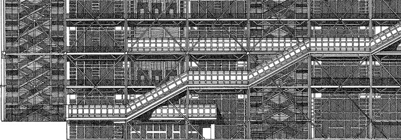 Illustration du Centre Pompidou à Paris par Renzo Piano, Richard Rogers et Gianfranco Franchini, façade dessinée au rotring et à  l'encre de Chine