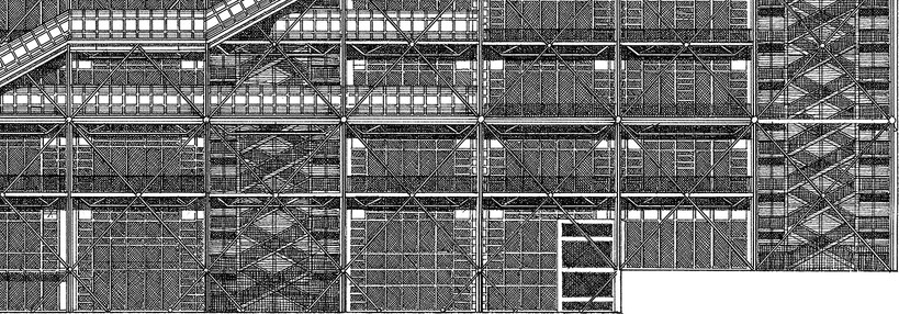 Illustration du Centre Pompidou à Paris par Renzo Piano, Richard Rogers et Gianfranco Franchini, façade dessinée au rotring et à  l'encre de Chine