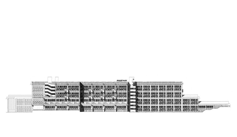Dessin du bâtiment industriel Le Mozinor, à Montreuil, façade dessinée au rotring et à l'encre de Chine