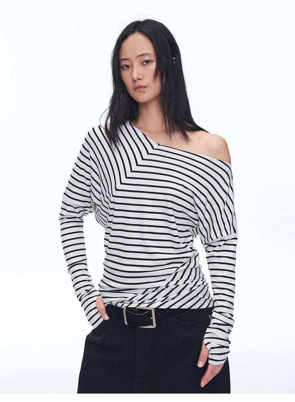Thumbnail: Fashionable Off-Shoulder Lyocell Tencel Wool Blended Draped Patchwork Striped