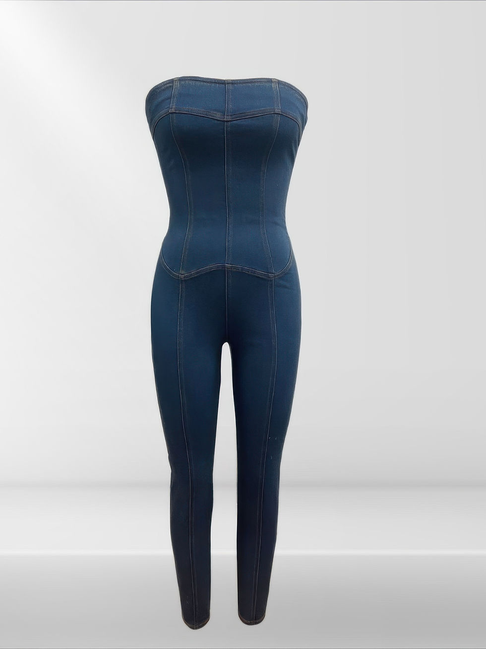 Thumbnail: Strapless Denim Jumpsuit With Lace Up Back