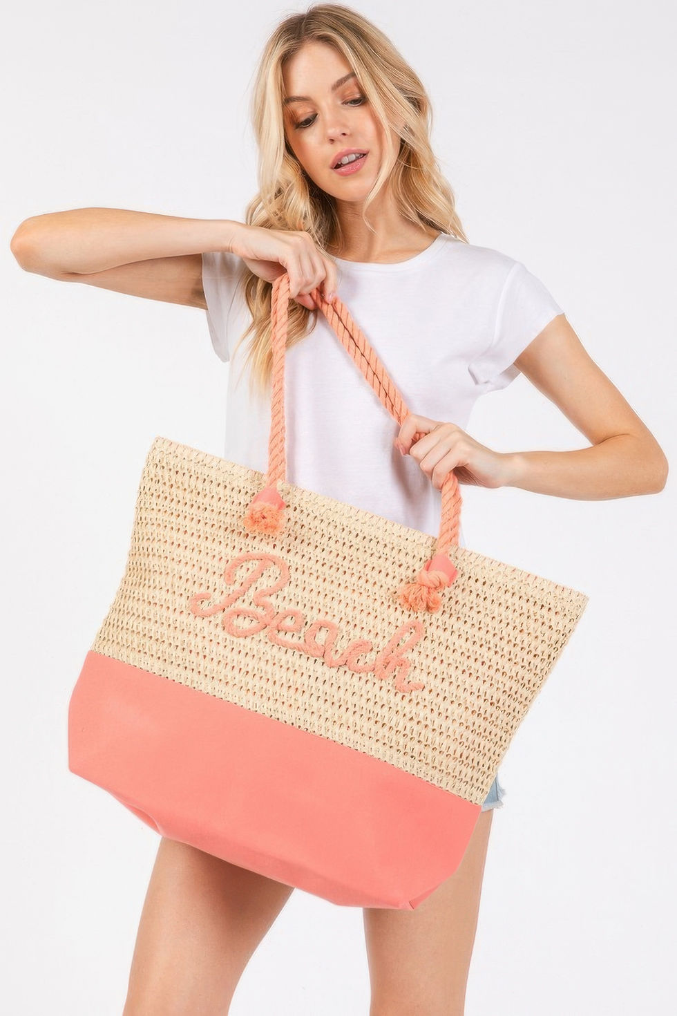 Thumbnail: Color Sewn Rope Beach Letter And Strap Crochet Fabric Tote