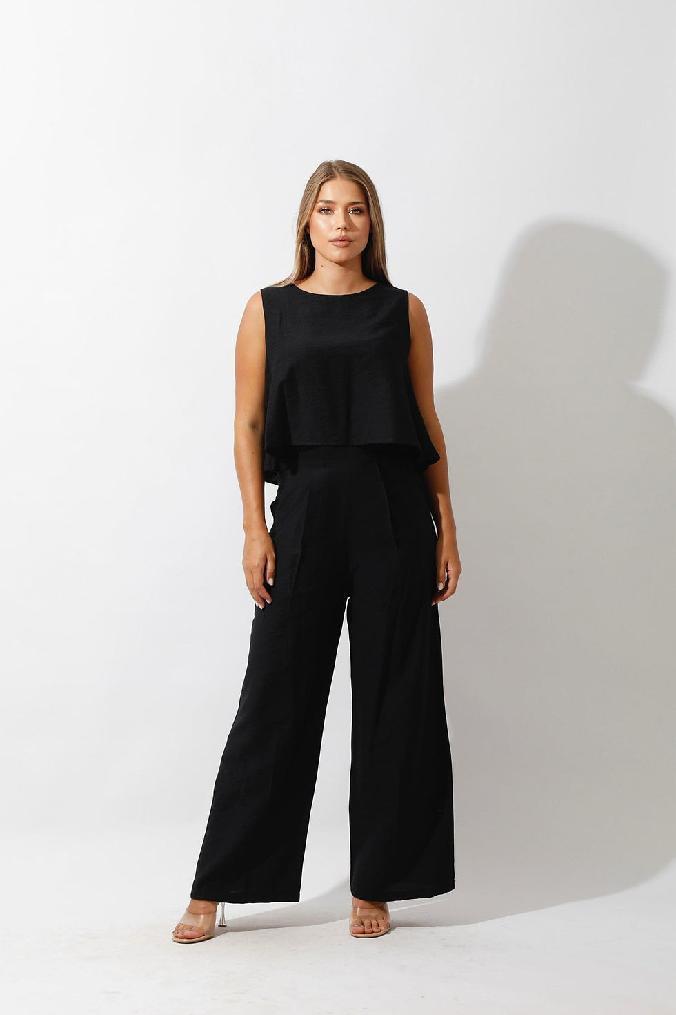 Thumbnail: Sleeveless Tank Top & Wide Leg Pants Lounge Set - Black