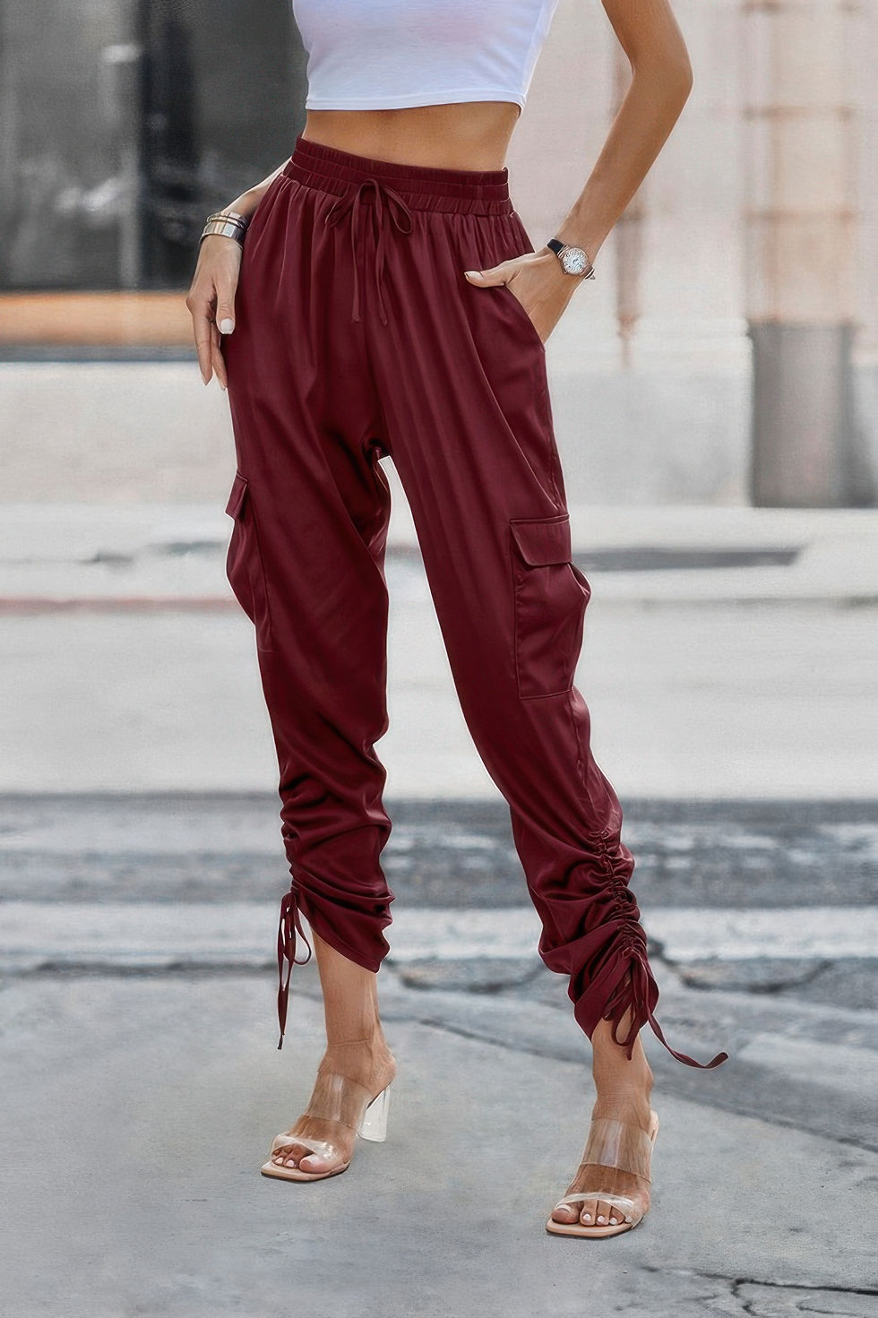 Thumbnail: Solid Drawstring Hem Flap Pocket Side Stacked Pant