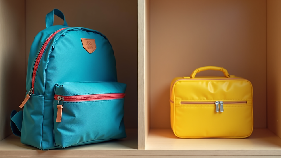 Close-up view of a child’s backpack and lunchbox neatly placed on a preschool cubby
