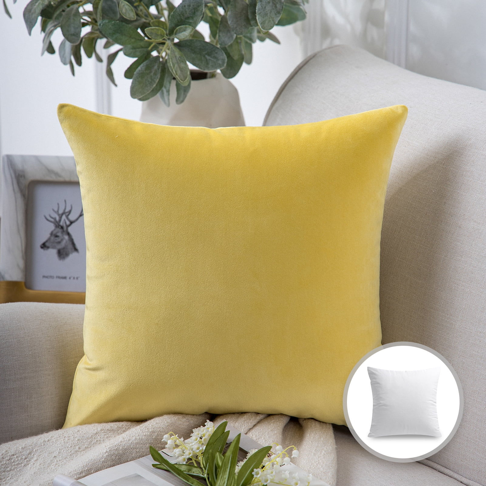 Phantoscope Soft Silky Velvet Series Decorative Throw Pillow, 22" x 22", Yellow