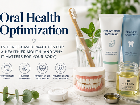 Evidence-based oral health optimization guide covering brushing, flossing, hydroxyapatite vs fluoride toothpaste, tongue scraping, oil pulling, nasal breathing, xylitol gum, and the connection between oral health and overall health.