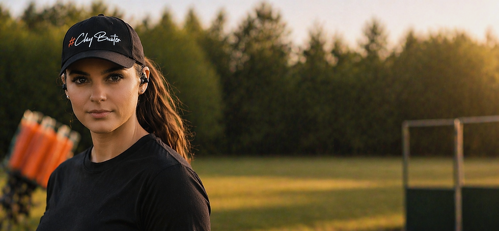 Clay pigeon shooter wearing premium Val&tina apparel on outdoor shooting range