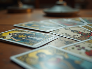 A tarot card spread revealing various symbols and meanings