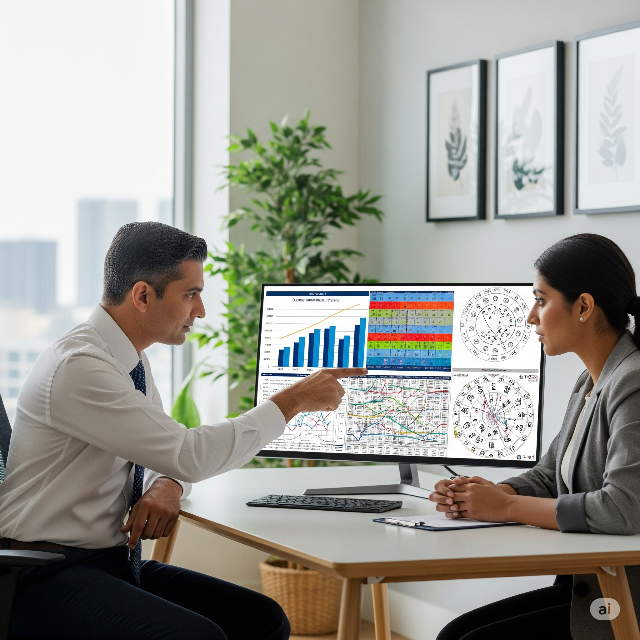 Colleagues reviewing data charts on a large monitor