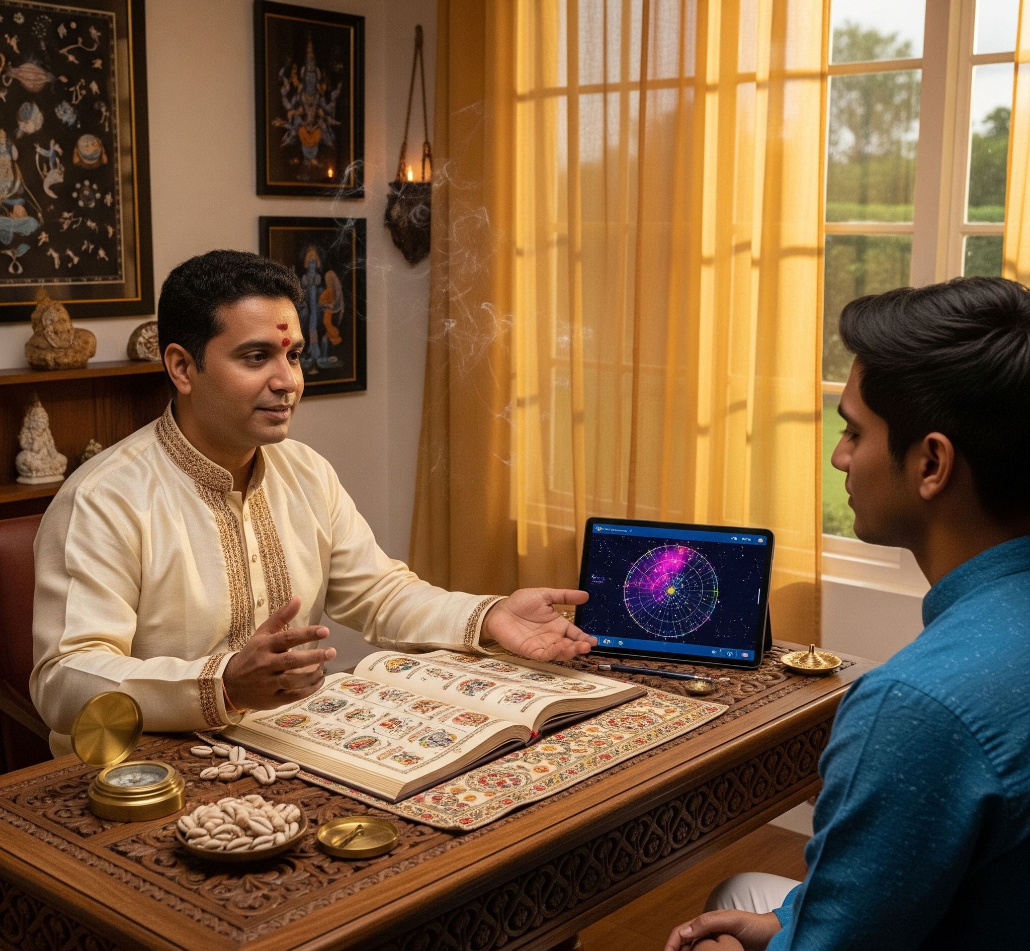 Astrologer consulting client, birth chart shown