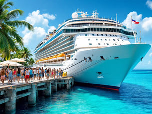 A vibrant cruise ship docked at a sunny port with excited passengers boarding.