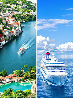 A vertical split-image showing a river cruise ship passing European villages and castles on one side, and a large ocean cruise ship at sea near tropical islands on the other, capturing the essence of both cruise experiences.