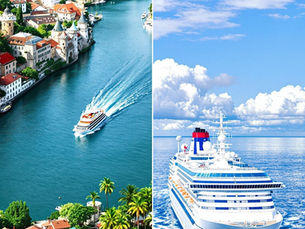 A vertical split-image showing a river cruise ship passing European villages and castles on one side, and a large ocean cruise ship at sea near tropical islands on the other, capturing the essence of both cruise experiences.