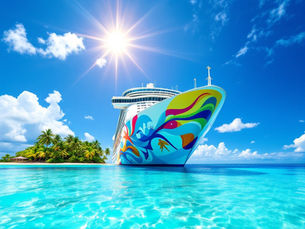 A vibrant cruise ship sailing under a sunny sky, with clear blue waters and a tropical island in the background.