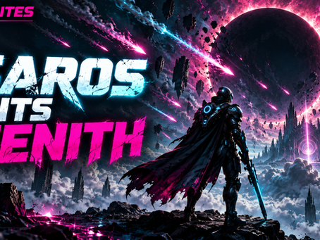 Armored sci-fi hero beneath a glowing eclipse and projectile-filled sky with “Saros Hits Zenith” DigiBites branding.