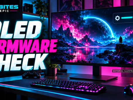 Neon gaming desk with a generic OLED monitor, colorful HDR scene and firmware progress icon labeled “Editorial Illustration.”