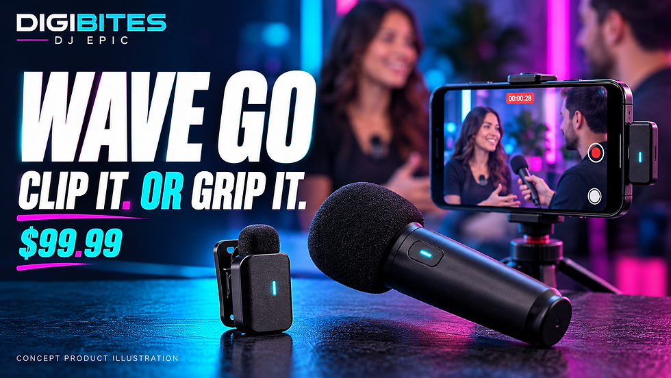Concept illustration of a clip-on wireless transmitter, handheld microphone and phone receiver beside “Wave Go: Clip It. Or Grip It.” and $99.99.