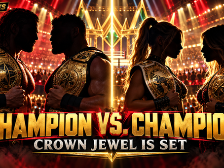 Four silhouetted wrestling champions face off beneath red and gold arena lights with “Champion vs. Champion: Crown Jewel Is Set” in front.