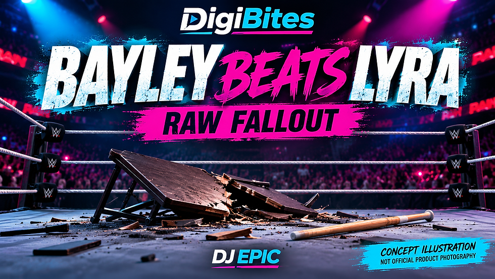 Broken table and kendo stick in a wrestling ring beneath Bayley Beats Lyra and Raw Fallout.