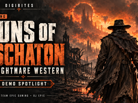 A lone gunslinger overlooks a burning, ruined Western town beneath a fiery eclipse. DigiBites cover reads “Guns of Eschaton: A Nightmare Western — Demo Spotlight.”