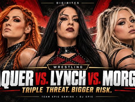 Illustrated portraits of Becky Lynch, Stephanie Vaquer, and Liv Morgan against a red-and-black wrestling backdrop. Headline reads “Vaquer vs. Lynch vs. Morgan: Triple Threat. Bigger Risk.”