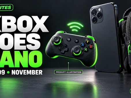 Conceptual Xbox Nano Controller product illustration beside a smartphone and travel bag, with its $49.99 price and November availability displayed.