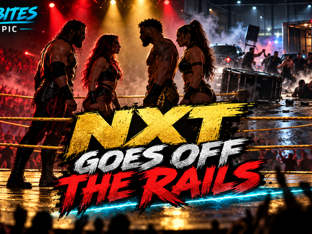 Four wrestlers face off inside a red-and-gold arena while a chaotic parking-lot brawl unfolds behind them.