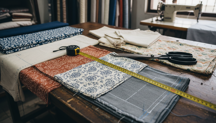 Close-up view of raw fabric samples and measuring tools on a cutting table
