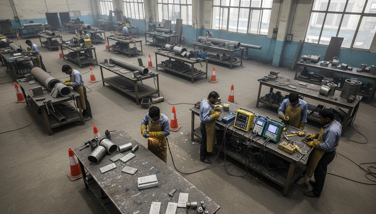 High-angle view of a nuclear-grade fabrication workshop with weld inspection tools and steel pipe sections.