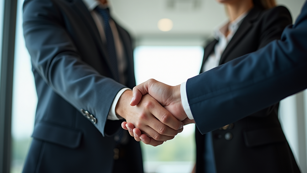 Eye-level view of two business professionals shaking hands in an office