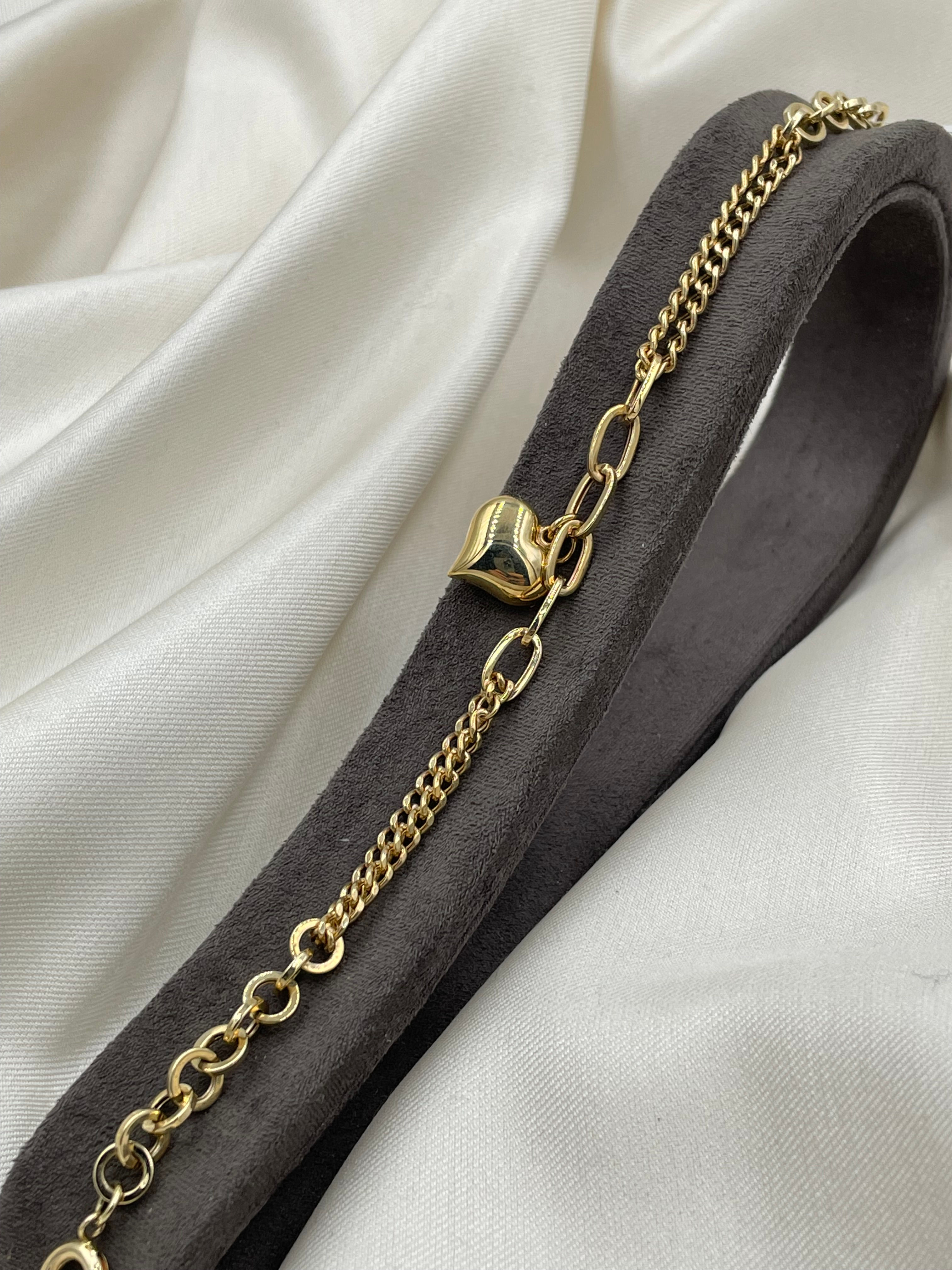 İnce Halka Zincirli Kalp Uçlu Altın Bileklik