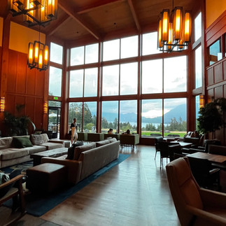 Lodge lobby area with tall large windows