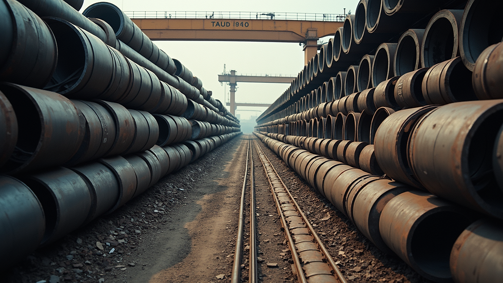 High angle view of steel coils and rebars stored at Devki Steel Mills Athi River