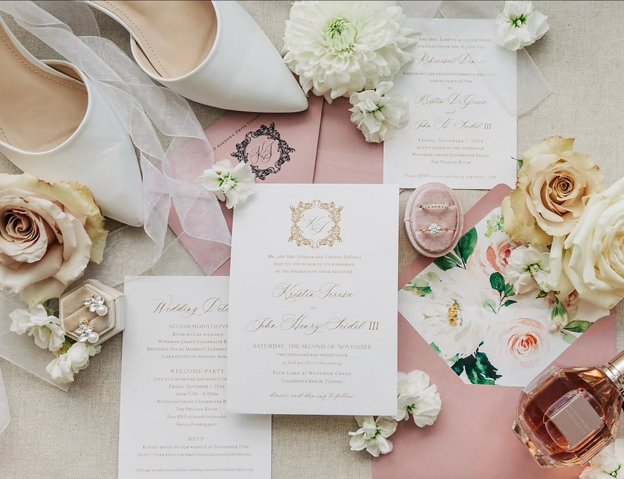 pink white and green heels, invitations, and rings