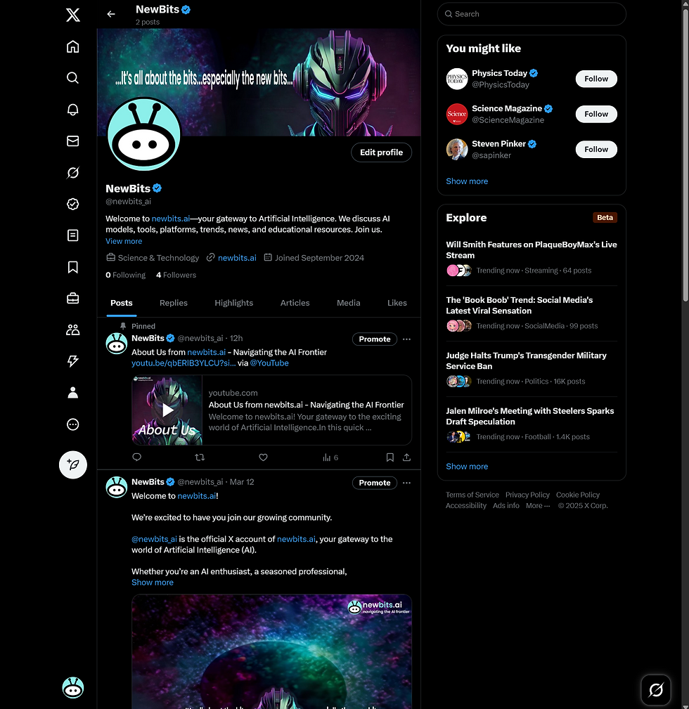 X (aka Twitter) image on newbits.ai AI Hub – link to the official newbits.ai X (aka Twitter) page, where users can engage with the AI community, explore AI solutions, tools, and platforms, and stay updated on AI innovations and discussions.