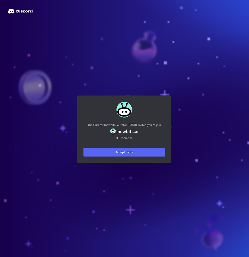 Discord image on newbits.ai AI Hub – link to the newbits.ai Discord server, featuring channels for all things newbits, including AI Solutions with user reviews, AI Hub collaboration, AI Ed podcast series 'From Bits to Breakthroughs,' and discussions on AI models, tools, and platforms.