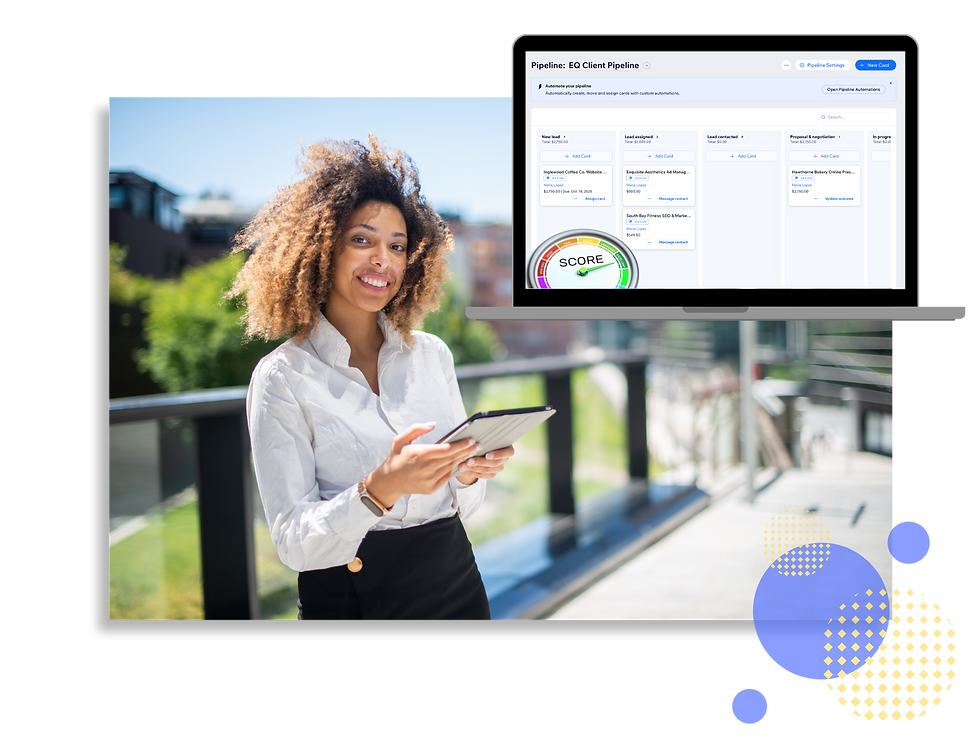 Woman holding a tablet and smiling outdoors with a laptop showing marketing analytics, symbolizing how Equity Digital helps small businesses assess and refine their marketing systems.