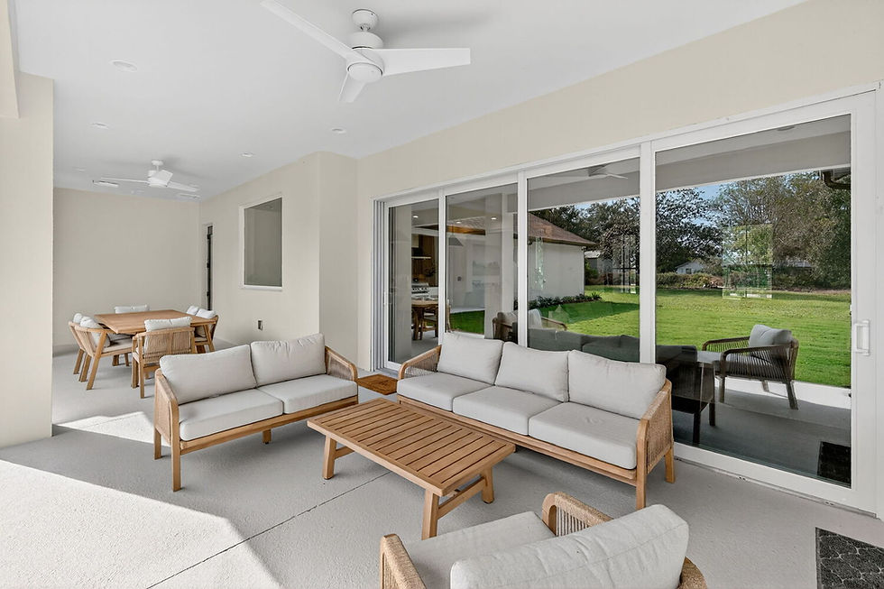 Florida custom home outdoor living area with covered lanai and swimming pool