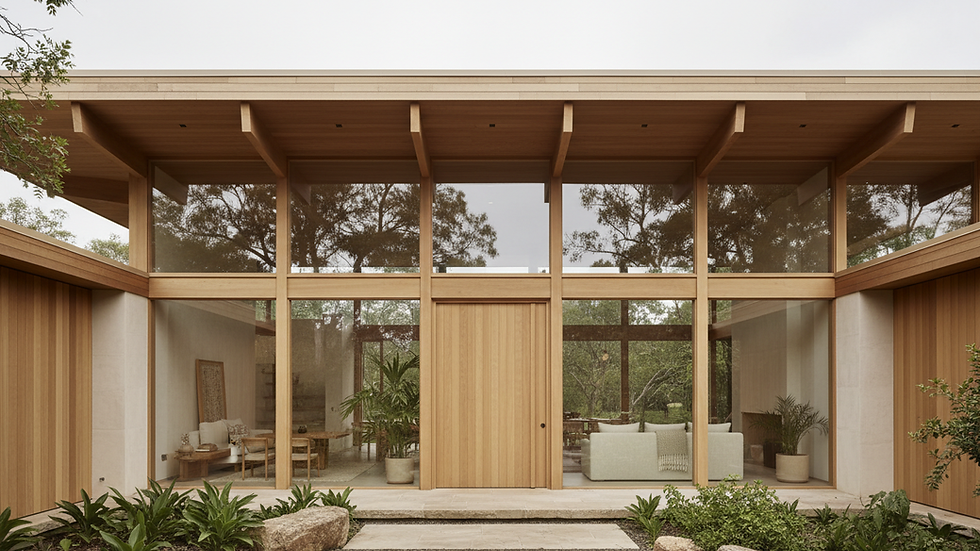 Vista frontale di casa moderna con ampie vetrate e materiali naturali