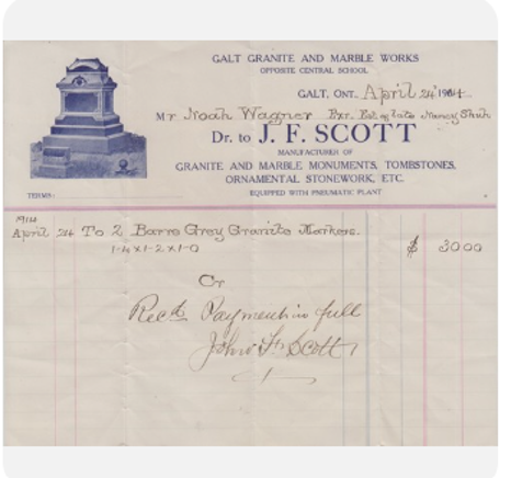 Vintage Galt Granite Works Invoice 1904