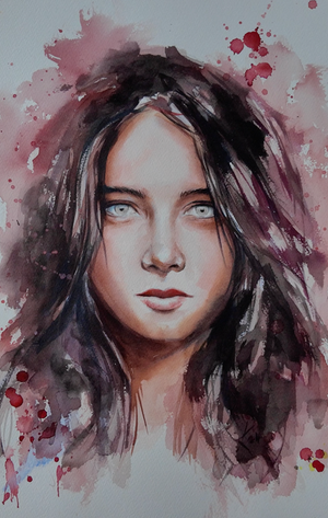 Fertiges Aquarellportrait einer Frau mit offenem Blick, dargestellt mit kontrastreicher Farbigkeit, fließenden Pinselspuren und einer freien, expressiven Hintergrundgestaltung