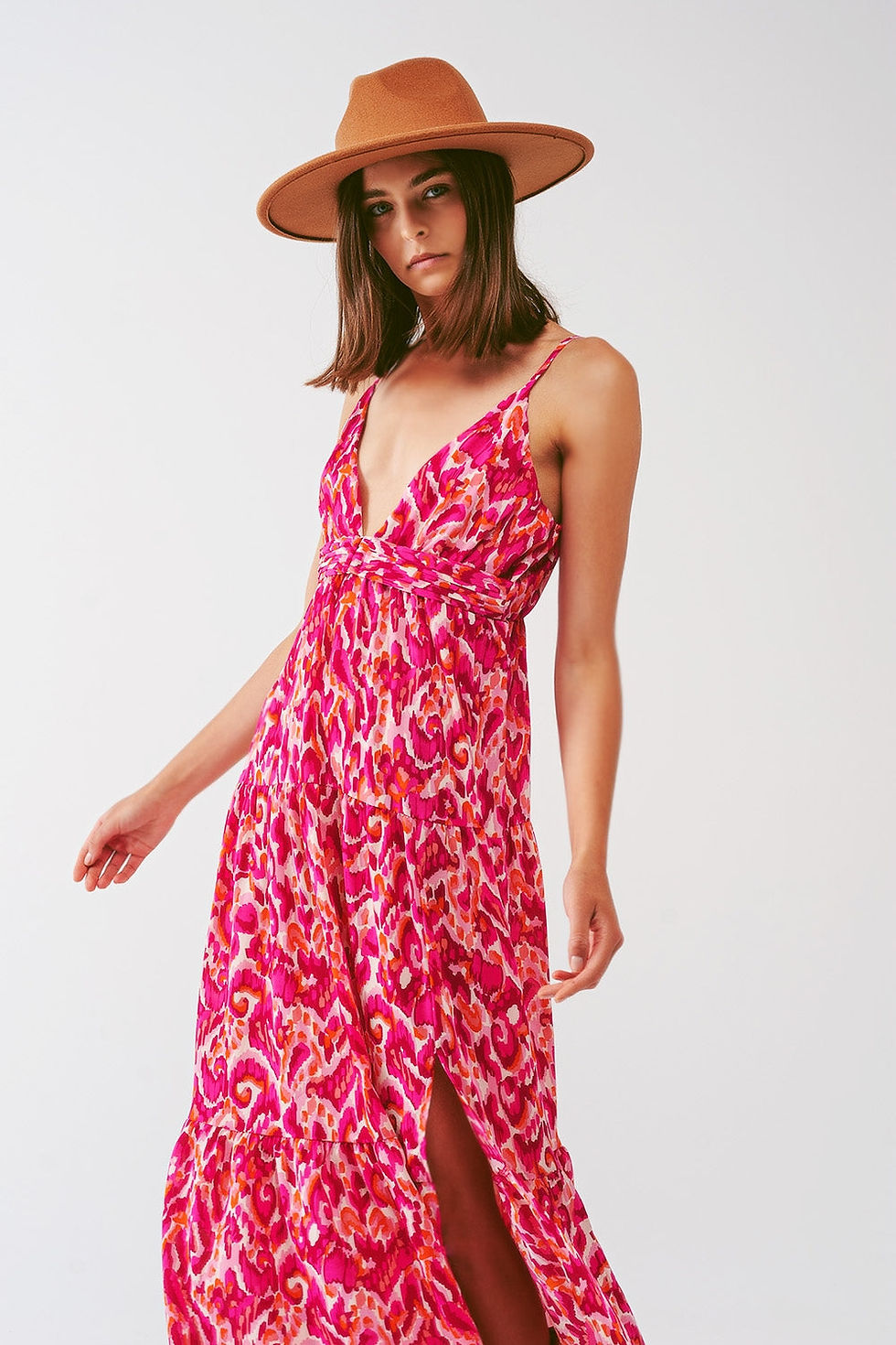 Thumbnail: Floral Print Maxi Dress With v Neck in Pink