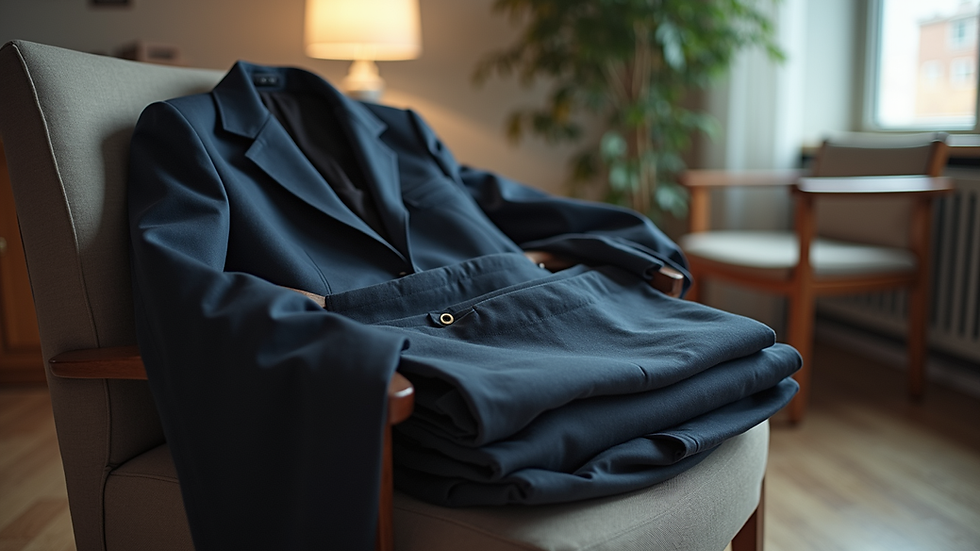 Eye-level view of a neatly arranged professional outfit on a chair