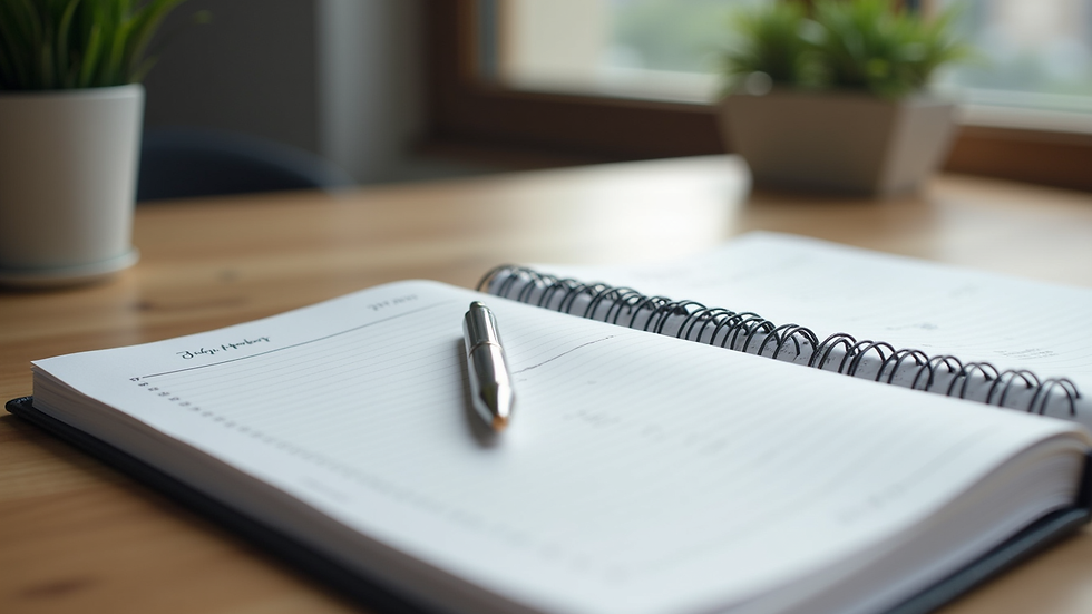 Close-up view of a planner with notes and a pen on a desk