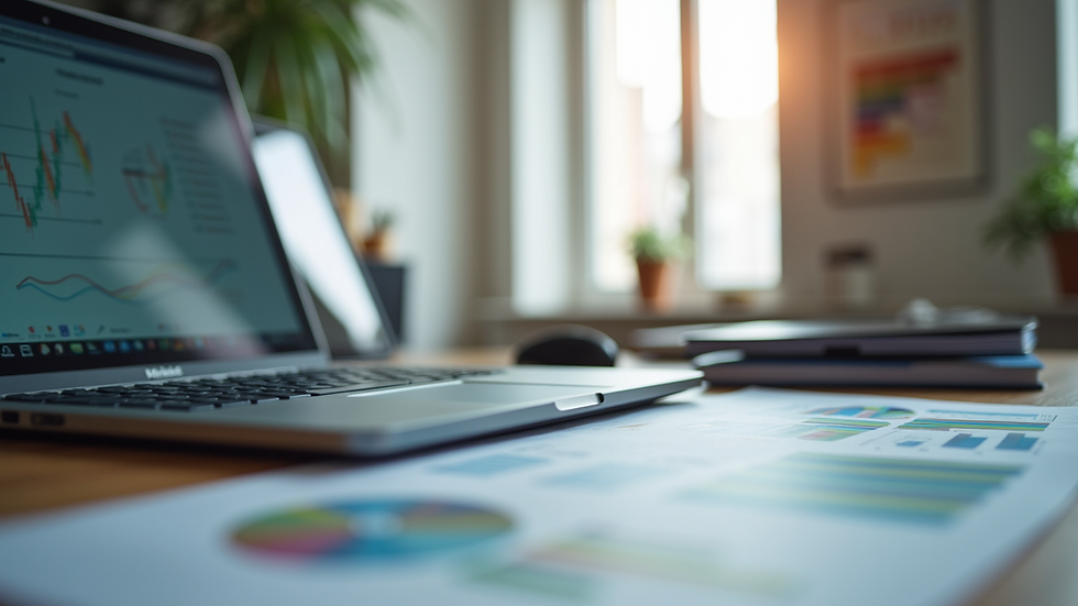 Eye-level view of a modern office workspace with a laptop and marketing charts