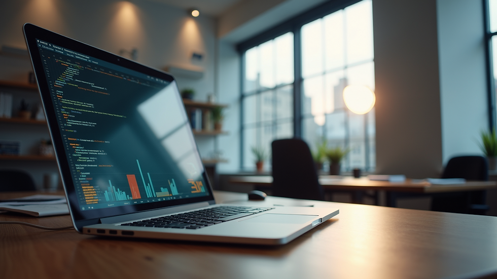 Eye-level view of a modern office workspace with digital marketing tools