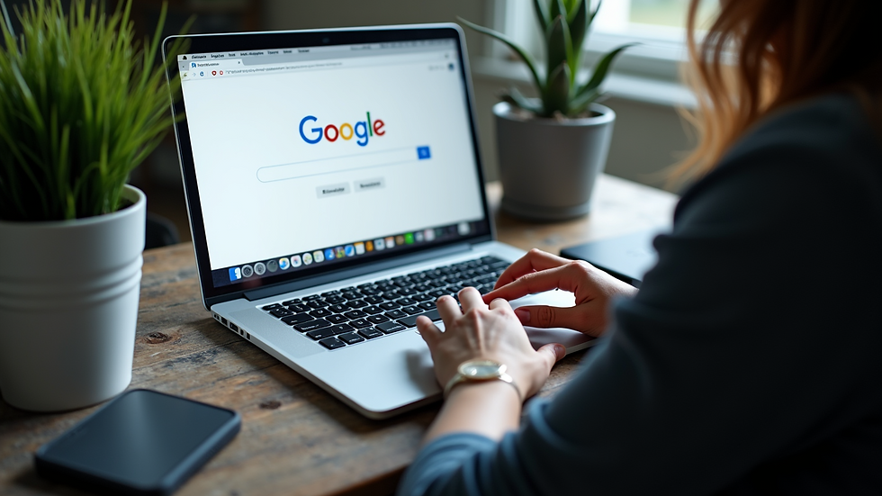 High angle view of a person using a laptop with Google search page open